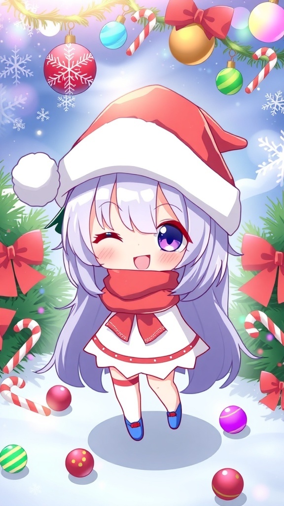 Kuromi Christmas Aesthetic Wallpaper Kuromi in a Santa hat with Christmas decorations in a snowy landscape.